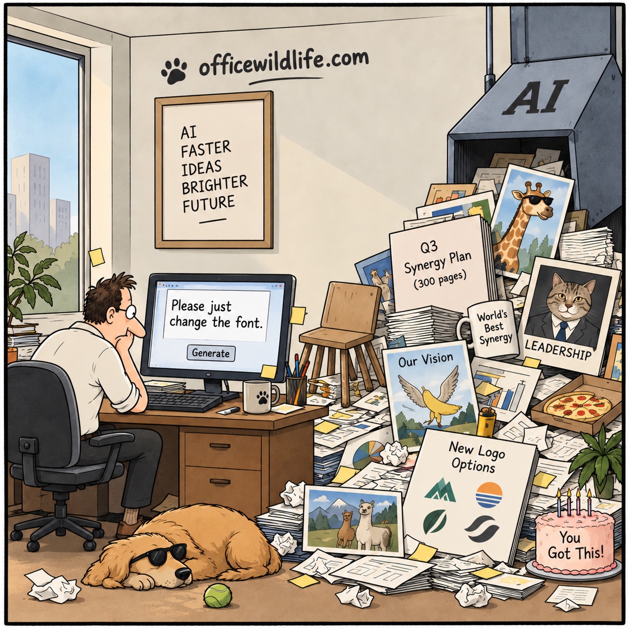 Office Wildlife comic: an exhausted worker at a computer that reads “Please just change the font” with a Generate button, surrounded by a towering pile of AI-generated corporate clutter — a 300-page synergy plan, vision posters, a cat labeled Leadership — while a sunglasses-wearing dog naps on the floor.